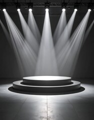 Stage with spotlights illuminating a round platform, shadows present