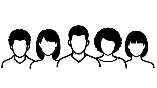 A diverse group of five people, depicted as simple black and white silhouettes, stand together in a line.