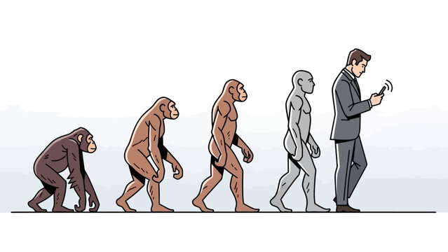 Illustration depicting the evolutionary stages of humans, from ape-like ancestors to a modern man engrossed in his smartphone.