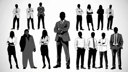 A diverse group of silhouetted business people standing in various poses, showcasing a professional and corporate atmosphere.
