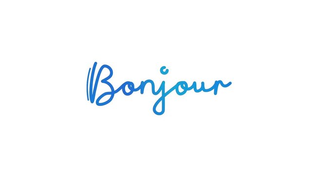 Bonjour one line continuous animated typography lettering animation lineart intro outro video, greeting wishes handwriting hand drawn monoline vintage text on background sky blue type on white bg