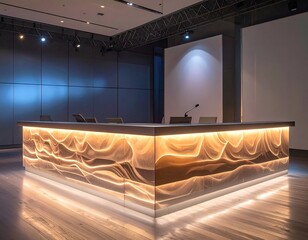 Modern conference room with a textured, illuminated podium