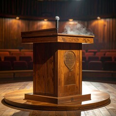 Wooden podium with microphone stands on a theater stage, spotlight