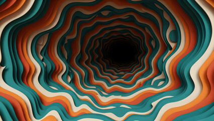 Abstract deep tunnel with wavy layers of orange, teal, and beige creating a psychedelic illusion