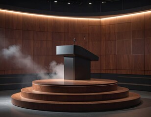 Dark stage with podium, layered circular steps, and swirling fog