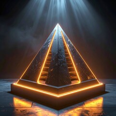 A futuristic pyramid with glowing edges and stairs, lit from above