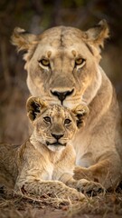 Naklejka premium Lioness and cub warm, golden light on their fur in natural grassy background