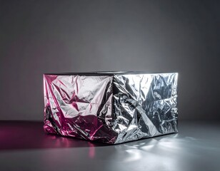 Silver-wrapped package against a gray backdrop with a pink hue