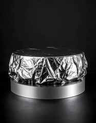 Shiny silver wrapped object on a silver pedestal against black backdrop
