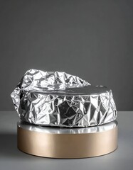 A modern, minimalist metallic-wrapped seating object on a round pedestal