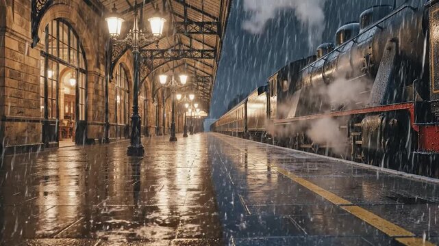 Wet train platform at night with a vintage steam engine and ornate station architecture