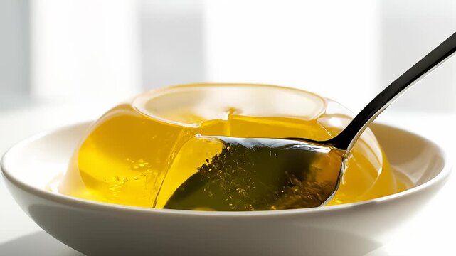 Spoon Dips Into Yellow Gelatin Pudding on White Background Bowl
