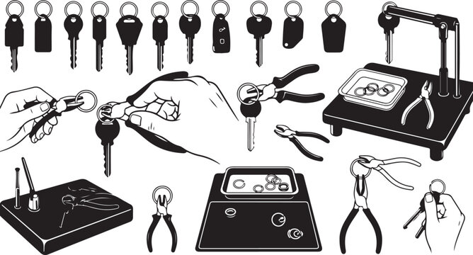 Locksmith tools and equipment for key making and repair