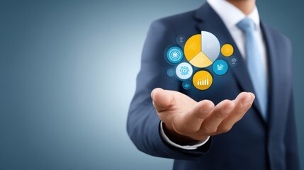 Businessman Holding Digital Graphics Representing Data Analysis, Growth Metrics, and Success in Professional Environment for Marketing and Finance Concepts