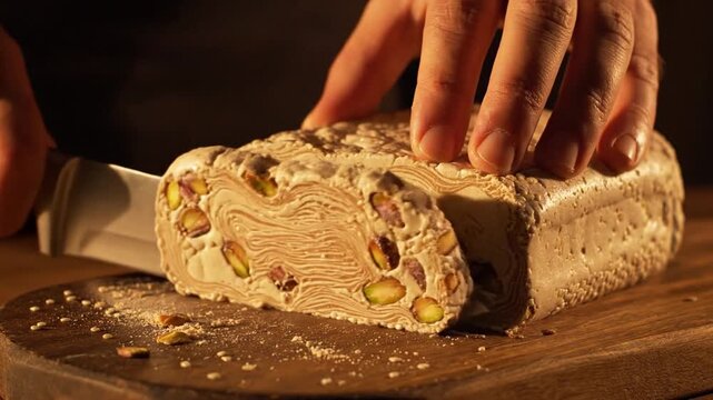 Close Up of Halva Being Sliced on a Wooden Board with Pistachios Under Warm Lighting Showing Delicious Details, Food