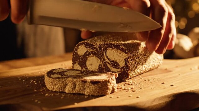 Close Up of Halva Block Being Sliced on Wood Cutting Board with Kitchen Knife for Sweet Dessert Snack in Warm Lighting