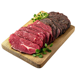 Fototapeta premium Front view of roast beef cold cut on a wooden tray studio shot isolated on a white transparent background
