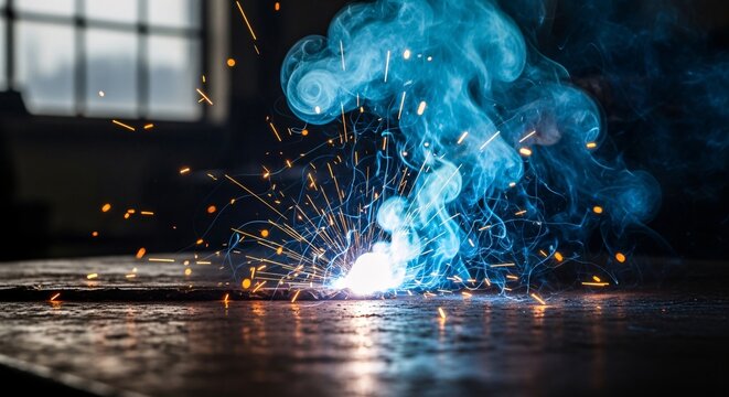 Industrial welding process with sparks and smoke creating a dynamic scene in a workshop environment showcasing metalworking techniques and safety gear
