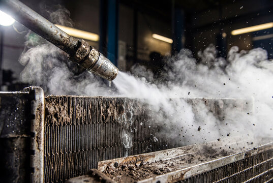Cleaning dirty car radiator or condenser with high pressure water jet and steam removing mud