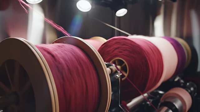 Close Up of Rotating Wool Reels on Industrial Equipment in a Textile Factory for Manufacturing Ads or Branding