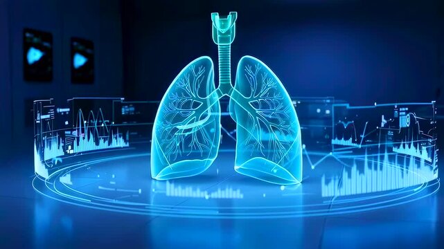 lung hologram on circular platform with glowing red inflammation hotspots and analytic overlays, clinical control room backdrop shows monitoring charts and radiology style metrics for ai