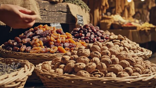 Close-Up of Wicker Baskets Filled with Assorted Dried Fruits in a Vibrant Middle Eastern Market with Warm Lighting and