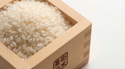 Uncooked Japanese rice in a wooden measurement box, macro grain texture. copy space for text
