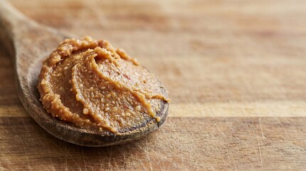 Miso paste texture smear on a wooden spoon, culinary ingredient focus. copy space for text

