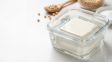 Tofu block in clear water, pure white, health food concept. copy space for text
