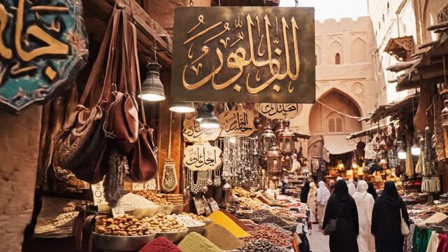 Crowded Souk Marketplace with Spices and Arabic Calligraphy Signs in Muscat, Oman: Traditional Middle Eastern Market
