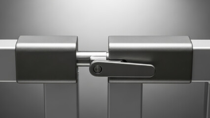Secure modern metal gate latch mechanism in closeup view showing sleek safety hardware detail with closed locking arm on contemporary minimalist barrier