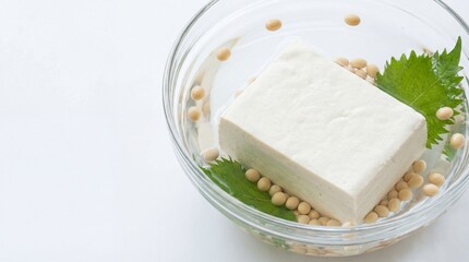 Tofu block in clear water, pure white, health food concept. copy space for text
