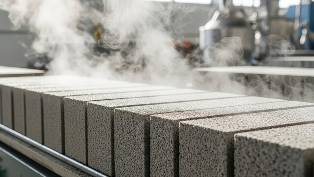 Steam rising from fresh lightweight concrete blocks on industrial production line in modern factory workshop, closeup of porous construction materials curing