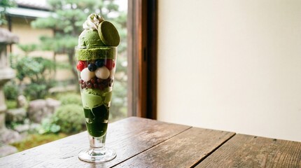 Matcha Parfait with layers of green tea jelly and ice cream, tall glass. copy space for text
