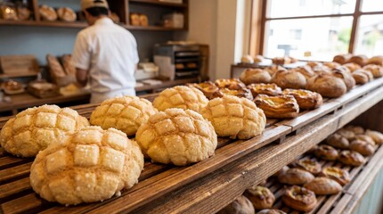 Melon Pan sweet bread with sugar crust, bakery shelf background. copy space for text
