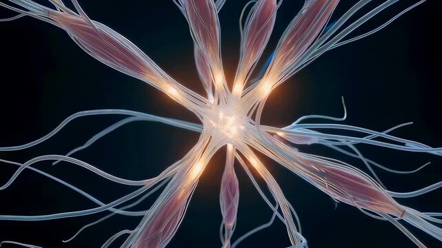 central synapse with radial muscle fibers firing, soft glowing axons connecting to contractile fibers neuroengineering visualization for prosthetics developer, rehabilitation demo