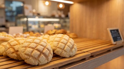 Melon Pan sweet bread with sugar crust, bakery shelf background. copy space for text
