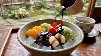 Anmitsu dessert bowl with agar jelly and fruit, pouring black syrup. copy space for text
