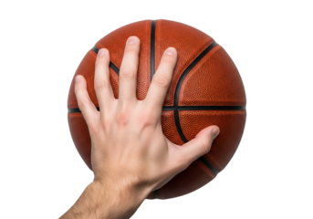 Hand holding basketball on transparent background sports concept 