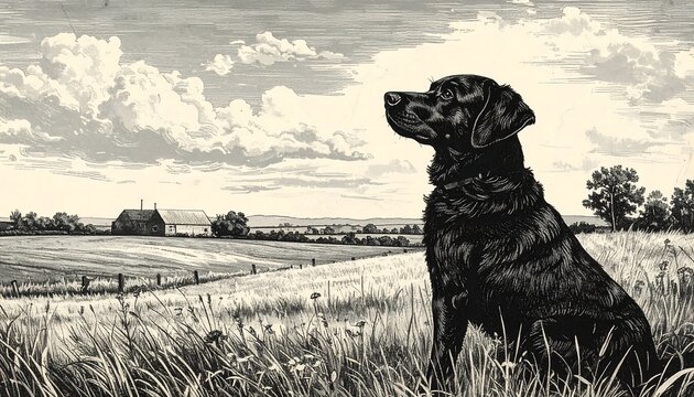 A monochrome illustration depicts a seated black canine in a field, gazing upwards. Distant landscape features a barn, rolling hills, and a cloudy sky
