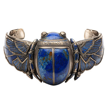 Front view of an Egyptian lapis lazuli scarab bracelet studio shot, isolated on a white transparent background