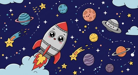 宇宙へ飛び立つロケットと仲間たち