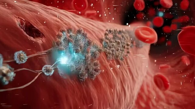 nanoparticle delivery in bloodstream attaching to vessel wall among erythrocytes and plasma, targeted therapy visualization for nanomedicine research and vascular interaction