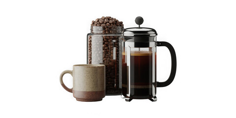 Stylish Coffee Setup with Cup, French Press, and Coffee Beans Jar