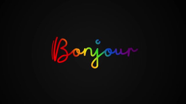 Bonjour one line continuous animated typography lettering animation lineart intro outro video, greeting wishes handwriting hand drawn monoline vintage text on background rainbow  type on black bg