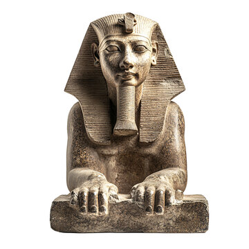 Front view of an Egyptian statue of a sphinx studio shot, isolated on a white transparent background