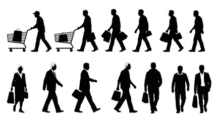 Fototapeta premium Silhouettes of people walking, some with shopping bags and carts, representing various activities and styles.