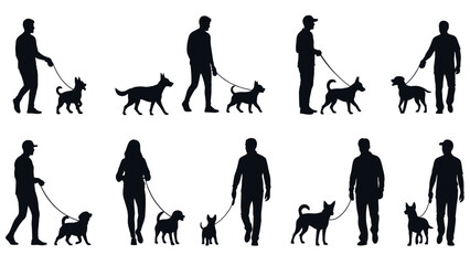 Silhouettes of people walking dogs on leashes in various poses and sizes. © emiloo