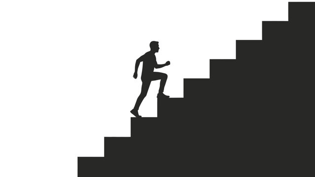Silhouette of a person running up a dark staircase against a white background, symbolizing progress and ambition.