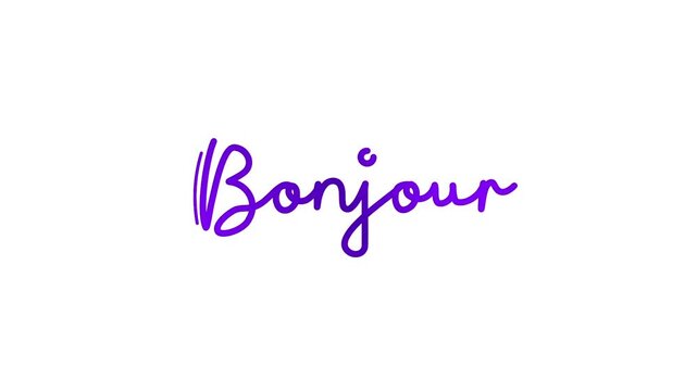 Bonjour one line continuous animated typography lettering animation lineart intro outro video, greeting wishes handwriting hand drawn monoline vintage text on background violet type on white bg